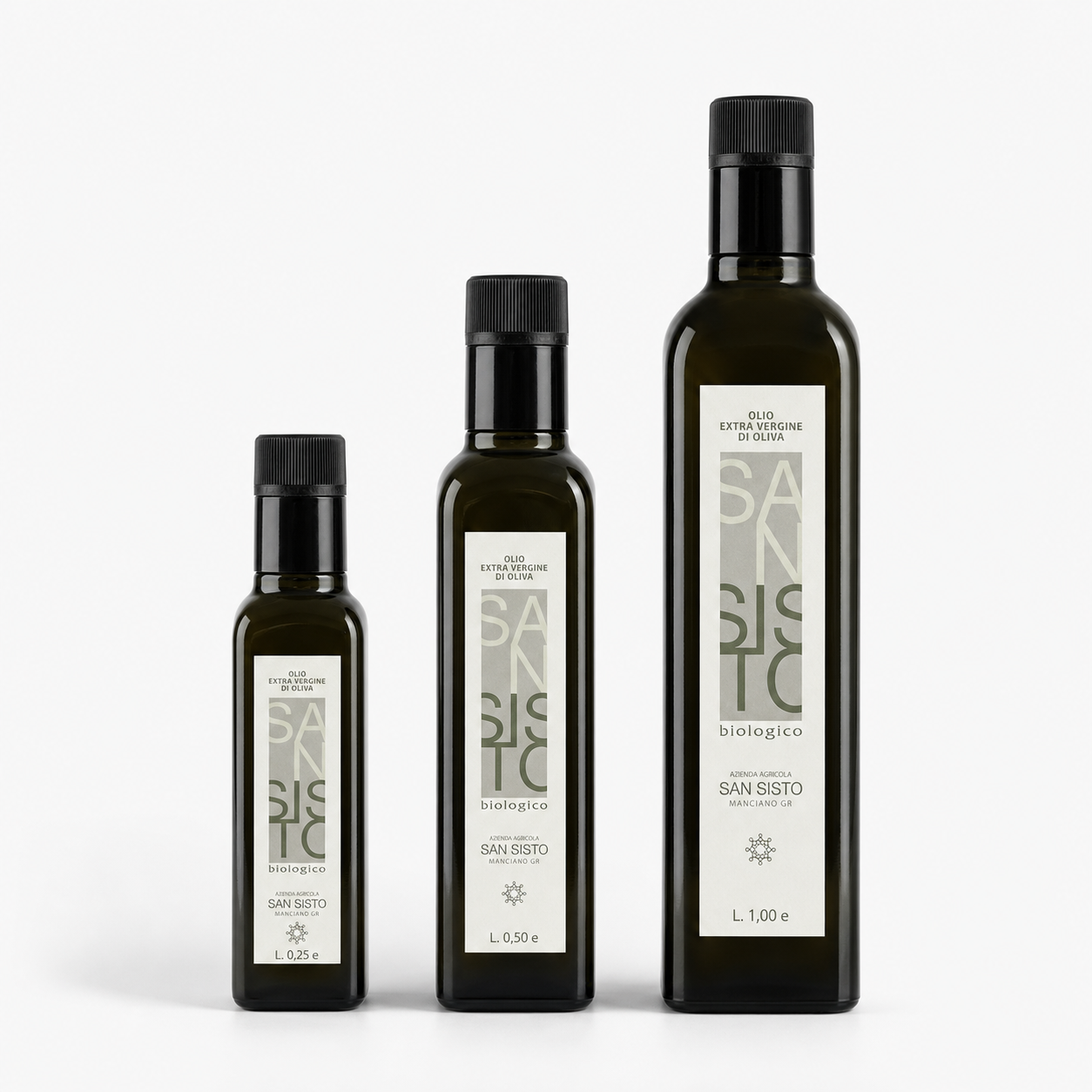 Tre formati di bottiglie Olio Bio San Sisto