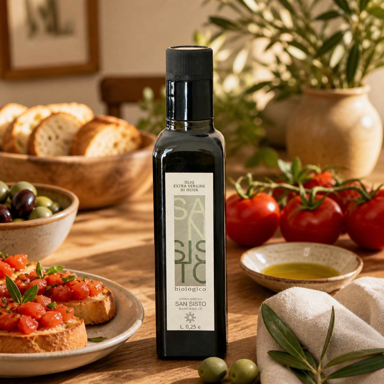 Bottiglia Olio Bio San Sisto in ambiente elegante